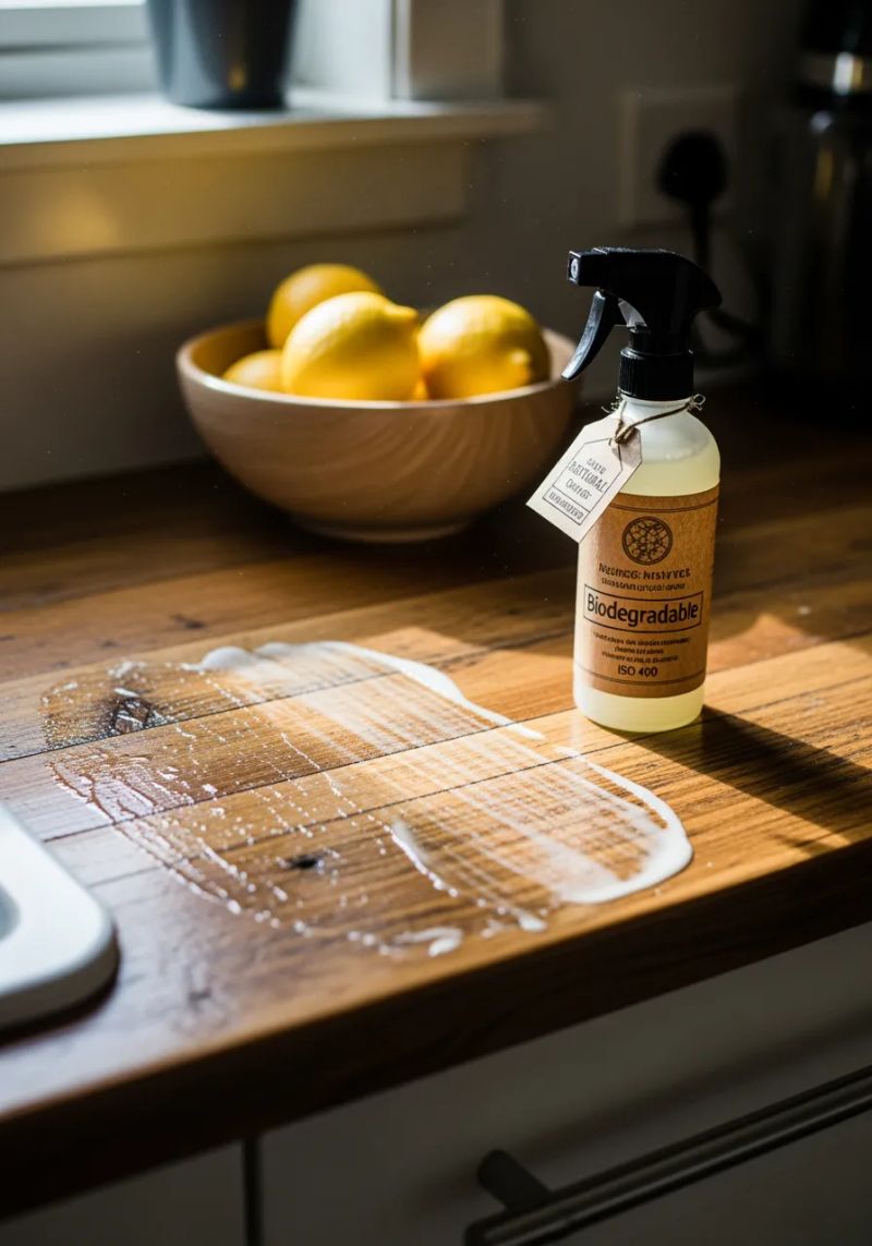 Cleaner wiping a kitchen counter during recurring home cleaning in Westford